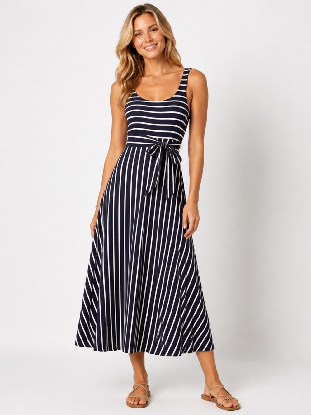 LOFT Navy and White Striped Tie-Waist Midi Dress